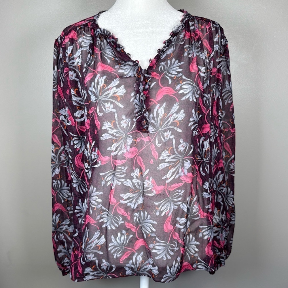 Rebecca Taylor Silk Blouse Top Size 8 Sheer Floral Long Sleeves Gray Burgundy